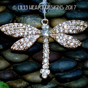RHINESTONE DRAGONFLY Bling m/w Swarovski Crystal Beaded Strand Gold Plated Suncatcher Rear View Mirror Car Charm Lilli Heart Designs