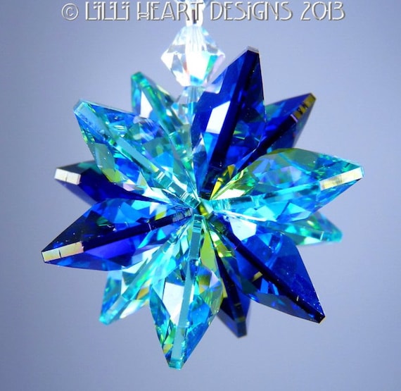 Swarovski Crystal Suncatcher RARE BLUE AB Coated Dark Sapphire (Cobalt) Aqua Antique Green Star Suncatcher Car Charm by Lilli Heart Designs