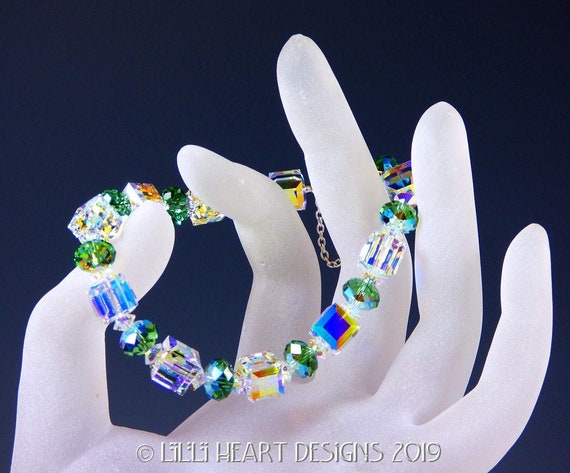 Swarovski Crystal Bracelet Aurora Borealis LARGE Cube Beads Mixed with  Sparkly Faceted Rondelles for Dressy or Jeans Lilli Heart Designs