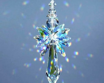 Swarovski Crystal Suncatcher 40mm LARGE AURORA BOREALIS Icicle Guardian Angel with 10 Wings Car Charm or Home Decor Lilli Heart Designs