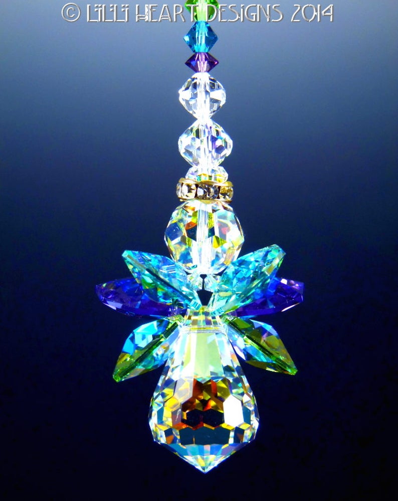Swarovski Crystal Suncatcher Original PEACOCK COLORS ANGEL Made with Rare Vintage Aurora Borealis Body and Wings Lilli Heart Designs image 4