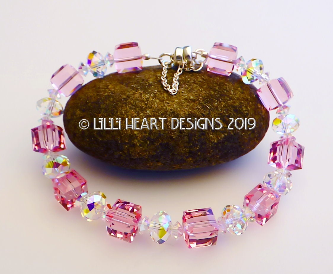 Swarovski Crystal Light Rose Cube Beads LARGE Bracelet Aurora