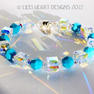 Swarovski Crystal Bracelet BIG Aurora Borealis Cube Beads with RARE Vintage Turquoise Beads Sparkly for Dressy or Jeans Lilli Heart Designs