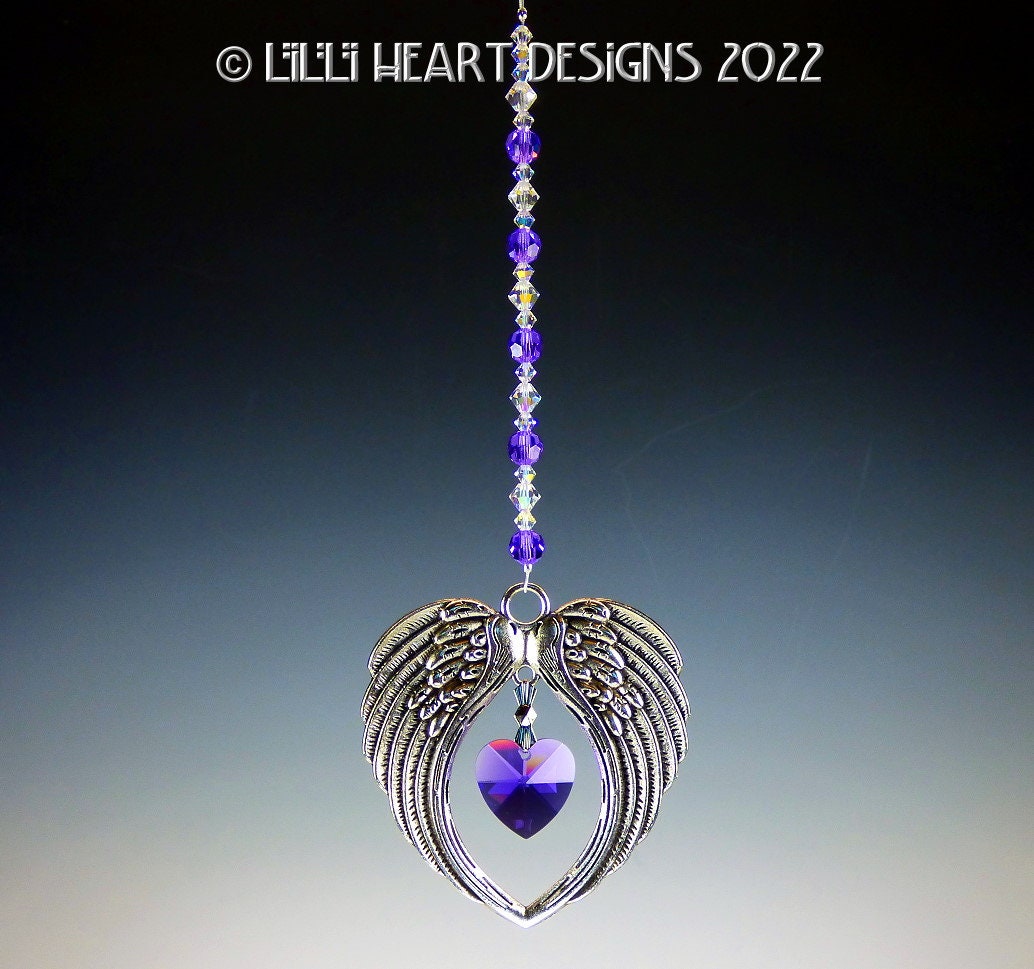 Logo Etsy for Car Home Lilli Designs Charm PURPLE Wings Retired 20mm Plated Suncatcher in RARE Angel Heart HEART Beads Silver Swarovski or -