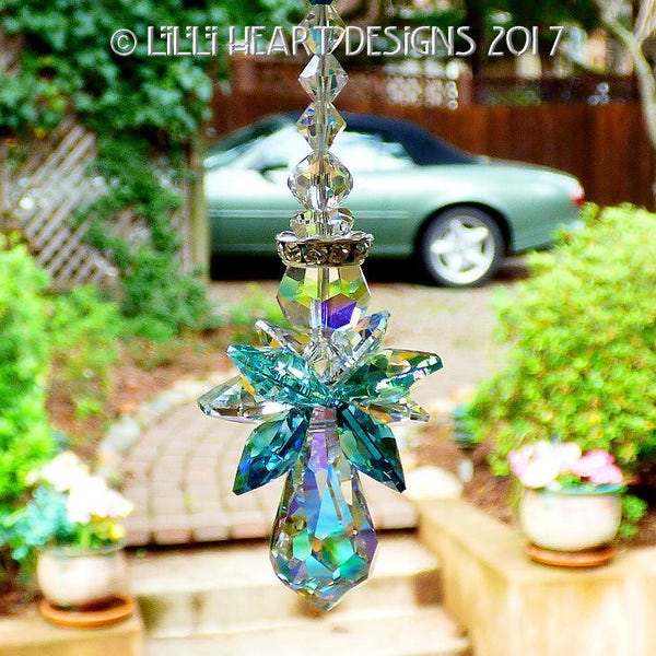 Swarovski Crystal Suncatcher Angel RARE INDICOLITE TEAL Wings Aqua Aurora Borealis Guardian Rear View Mirror Car Charm Lilli Heart Designs