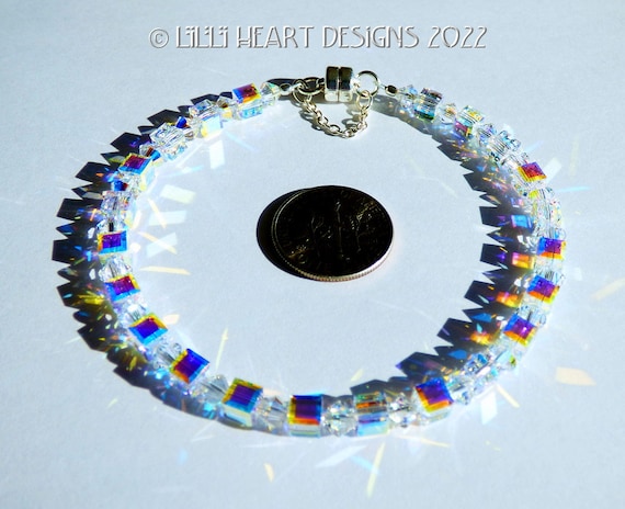 Swarovski Crystal Bracelet SMALL DAINTY Aurora Borealis Cube Beads Mixed W/ Sparkly Faceted Bicones for Dressy or Jeans Lilli Heart Designs