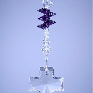 Swarovski Crystal Suncatcher 40mm Large Cross Suncatcher with Amethyst Stacked Purple  Home Car Charm Hearts by Lilli Heart Designs