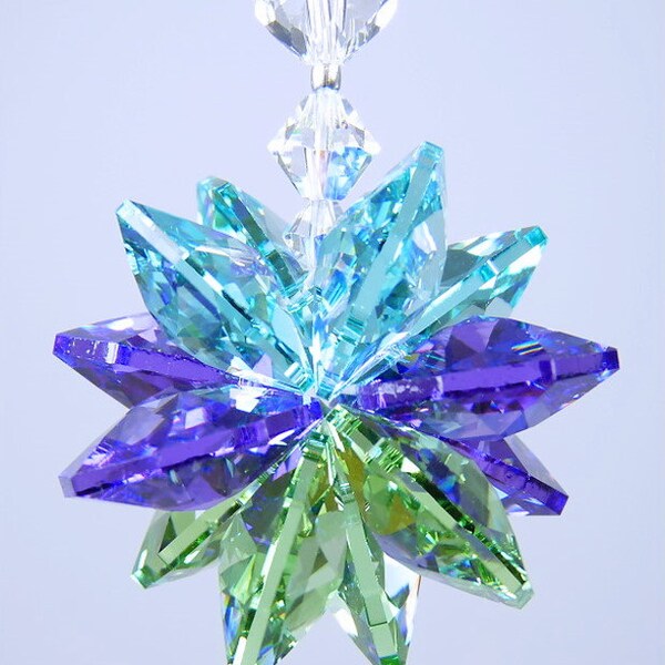 Swarovski Crystal Suncatcher PEACOCK COLORS in Aqua, Green, Purple Star Car Charm Starburst Ornament by Lilli Heart Designs