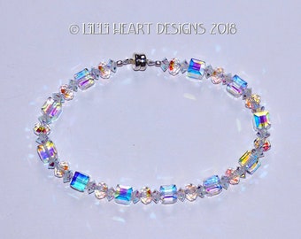 Swarovski Crystal Cube Bracelet Aurora Borealis Bracelet Beads Mixed w/ Sparkly Faceted Rondelles for Dressy or Jeans Lilli Heart Designs