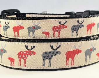 Moose Dog Collar - Adjustable, Handmade, Moose, Spotted Moose, Deer, Woodland, Small Dog Collar, Christmas, Holiday