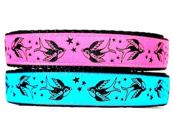 Sparrows Dog Collar / Adjustable / Large Dog Collar / Small Dog Collar / Tattoo / Flash Tattoo / Birds / Stars / Ink