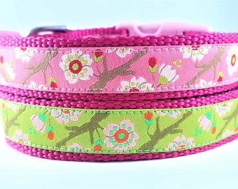 Cherry Blosson Dog Collar / Adjustable / Small Dog Collar / Cherry Blossom Tree / Pink / Green / Girl Dog Collar / Pet Lover / Spring