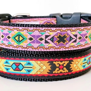May include: A black dog collar with two colorful woven bands. The top band is pink with purple, green, yellow, and black geometric designs. The bottom band is black with red, orange, yellow, blue, and green geometric designs.