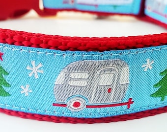 Happy Camper Winter Edition Blue - Dog Collar / Pet Accessories / Christmas / Holiday / Camping / Airstream / Gift Idea
