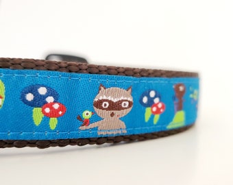 Into the Woods Dog Collar / Handmade / Raccoon / Mushrooms / Small Dog Collar / Buckle / Toadstool / Woodland / Cute Dog Collar