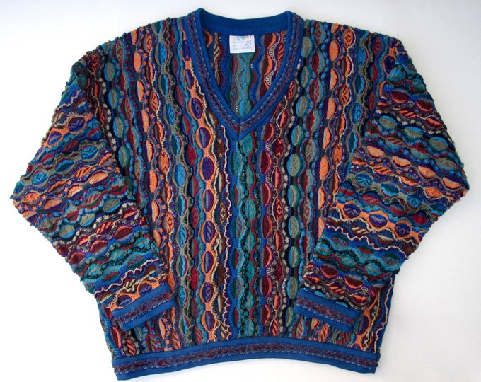 Long Sleeve V Neck Sweater Hipster Textured Multi Colorful Squiggle Stripes 80s COOGI Australia XL Sweater Cotton