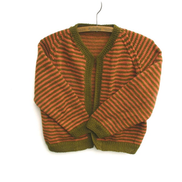 Hand Knit Stripe Cardigan Burnt Orange Army Green Acrylic, Womans M, Vintage Cropped Jumper Hand Knit