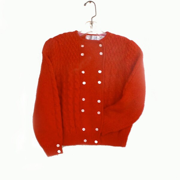 Vintage Robert Scott Red Wool Cardigan Sweater Cropped Gathered Sleeves Small Med 38