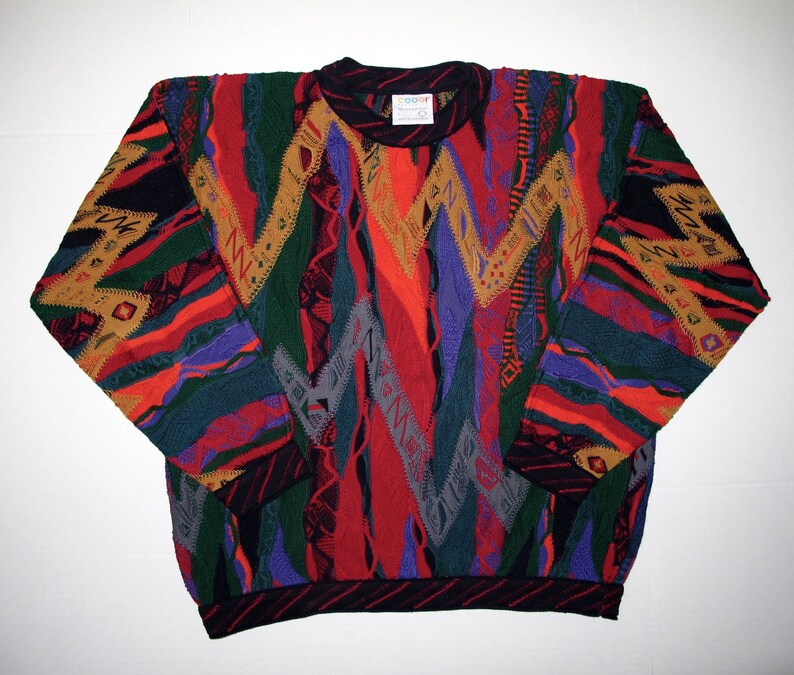3D Op Art Zig Zag Patterns Crew Neck COOGI Australia Sweater L Vintage Textured Pullover Large Cotton Unique Rich Bold Rainbow Colors