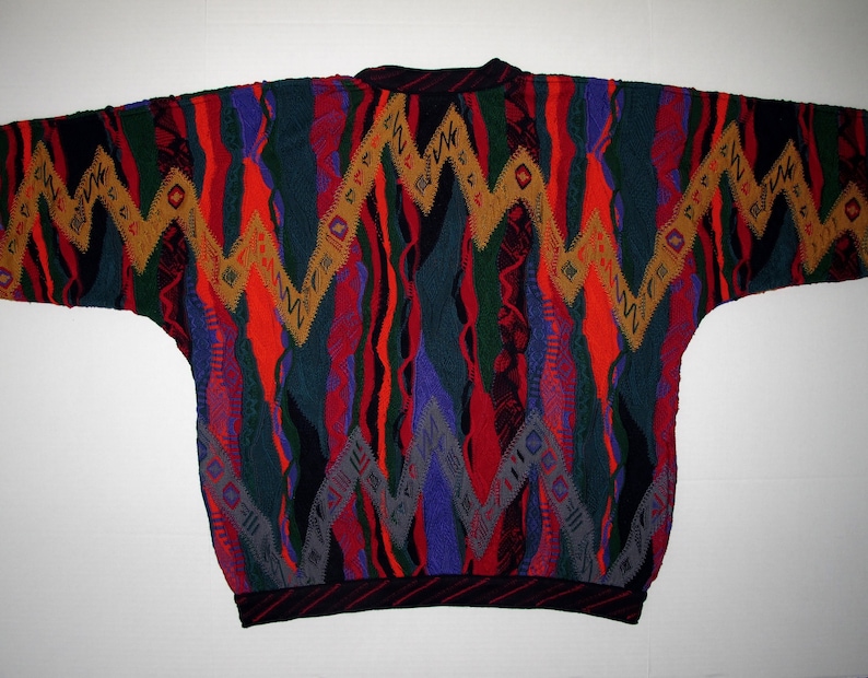 3D Op Art Zig Zag Patterns Crew Neck COOGI Australia Sweater L Vintage Textured Pullover Large Cotton Unique Rich Bold Rainbow Colors