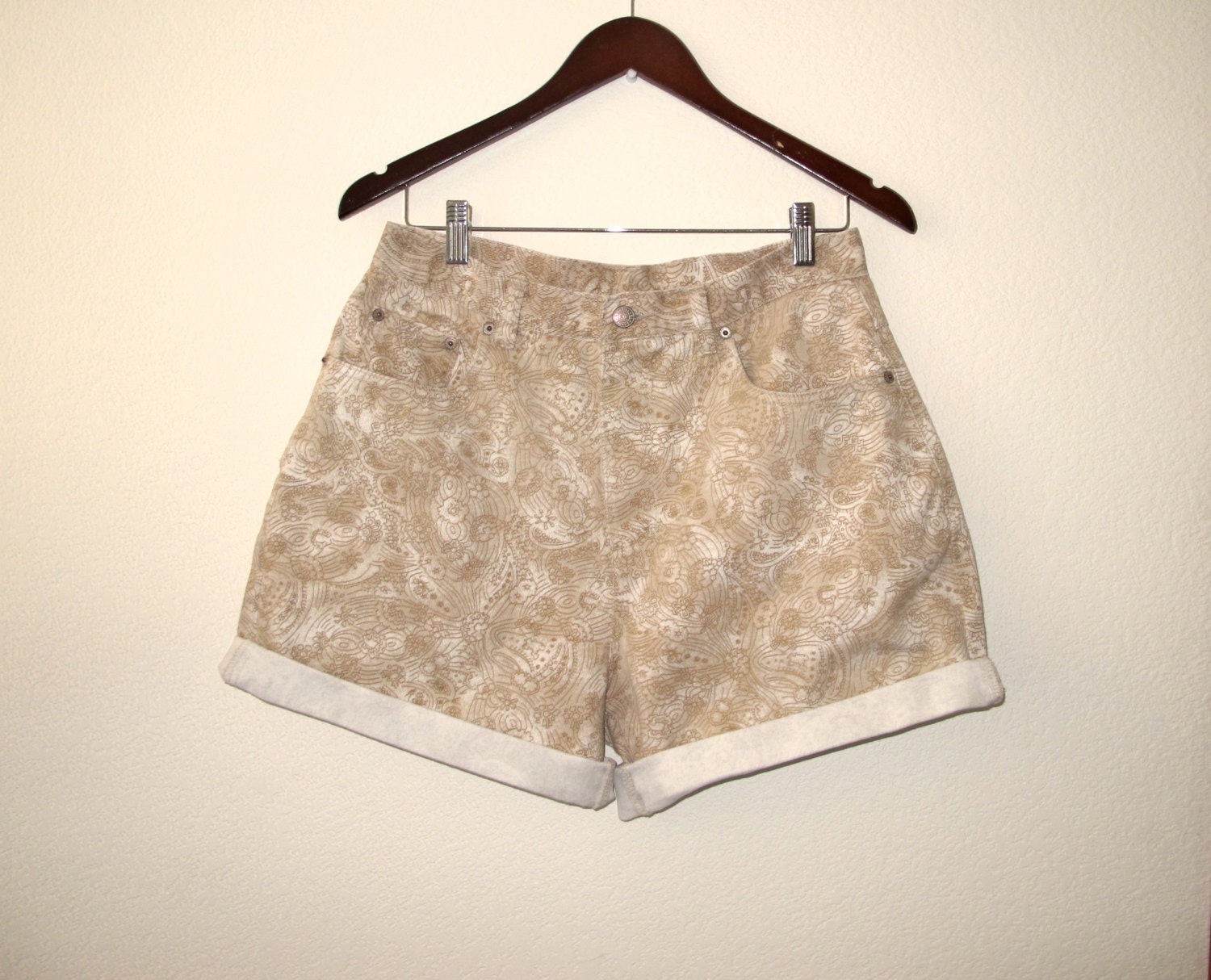 Tan Brown Paisley Denim Shorts Cut off 