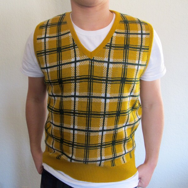 70s Vintage Mens Acrylic Vest Plaid, Donegal Sweater Mens L, Hipster V Neck Sweater Vest Gold Green Large L