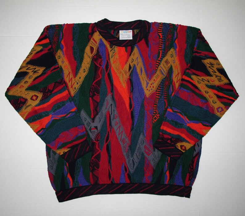 3D Op Art Zig Zag Patterns Crew Neck COOGI Australia Sweater L Vintage Textured Pullover Large Cotton Unique Rich Bold Rainbow Colors