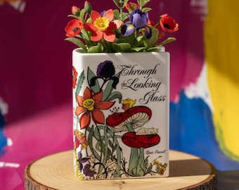 Ceramic Book-Shaped Planter with Fungi & Floral Design, Whimsical Literary Decor