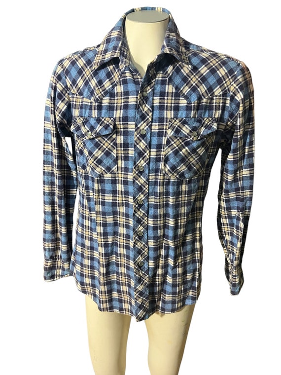 Vintage 80's blue flannel western shirt L - image 2