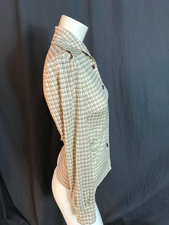 Vintage 1970’s cream and brown plaid blouse shirt… - image 6