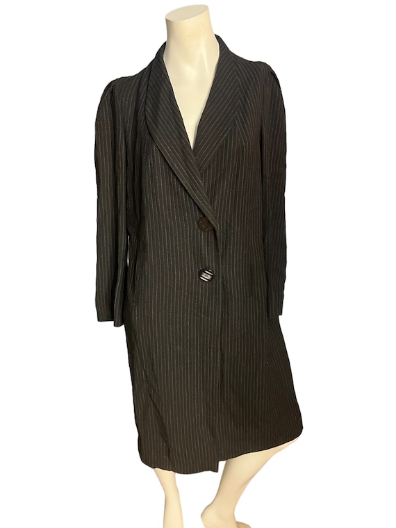 Vintage 40's 50's long rayon jacket L black pinst… - image 2
