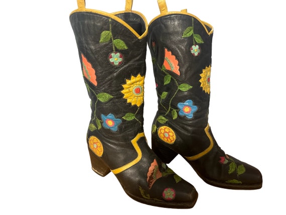 Vintage 60’s floral black leather boots 6B - image 3