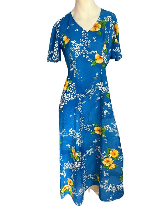 Vintage 70's blue Hawaiian maxi dress M - image 2