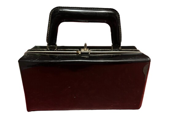 Vintage 60's black leather patent box purse - image 1