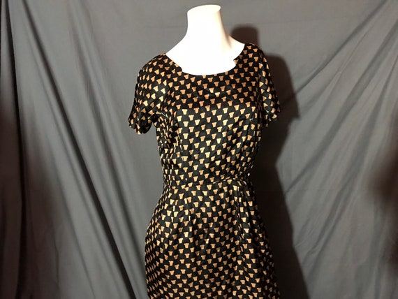 Vintage 1950's Black Print Midcentury Dress M - image 1