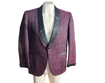 Chaqueta de esmoquin vintage de brocado granate de los años 70, talla 40