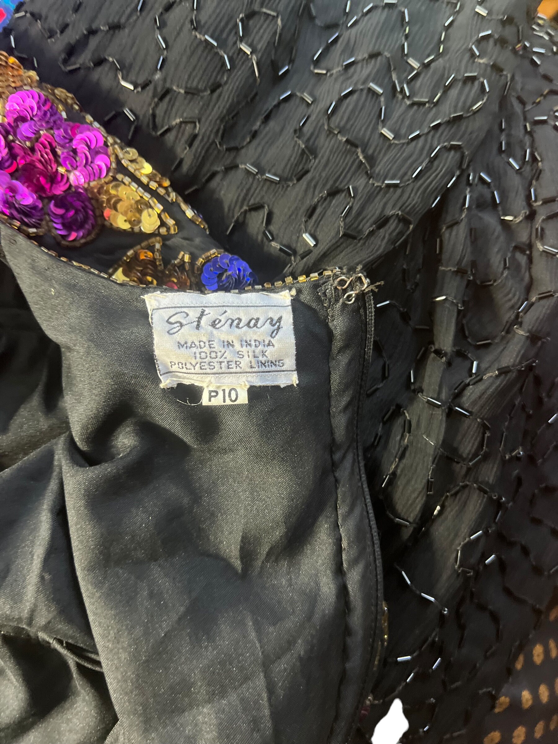 Robe Vintage Années 80 à Paillettes Noires – Marque Stenay, Taille 10, Soie, Perles – Occasion Très Bon état