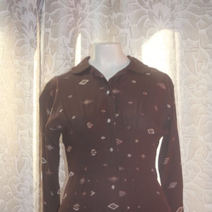 Vintage Mod 1950&#39;s 60&#39;s Emroidered Mini Brown Dress S