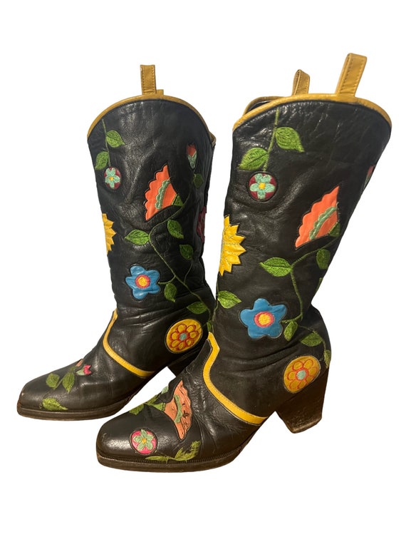 Vintage 60’s floral black leather boots 6B - image 2