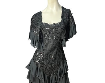 Vintage black 80's ruffle tier dress M Janine
