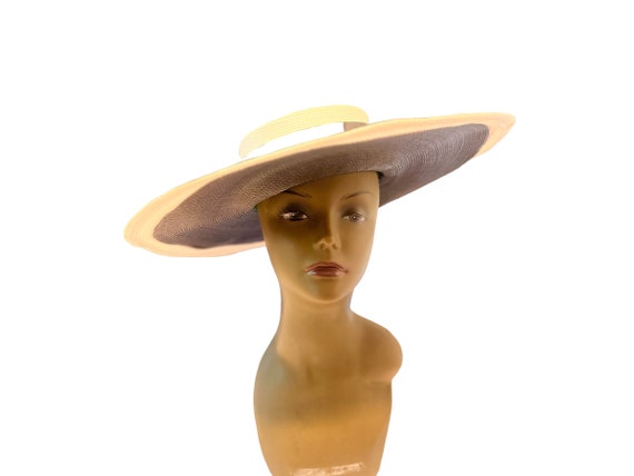 Vintage 60's black & white straw hat huge Sandra - image 1