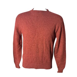 Puede incluir: Un suéter de punto de color óxido con cuello redondo y mangas largas.