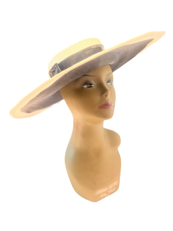 Vintage 60's black & white straw hat huge Sandra - image 3