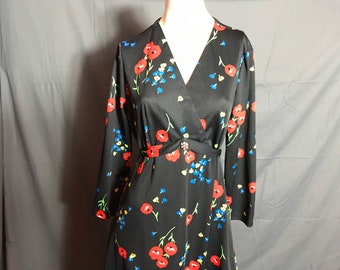 Vintage 70's Long Black Flower Maxi Dress Volup L