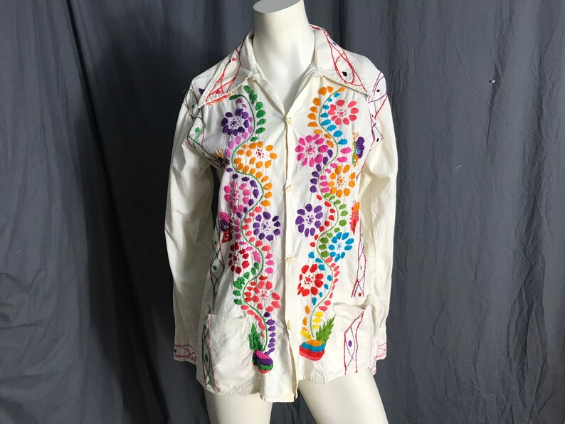 Vintage 70s embroidered Mexican shirt M/L image 1