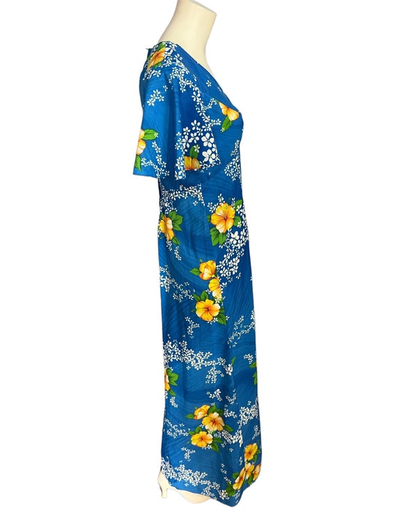 Vintage 70's blue Hawaiian maxi dress M - image 4