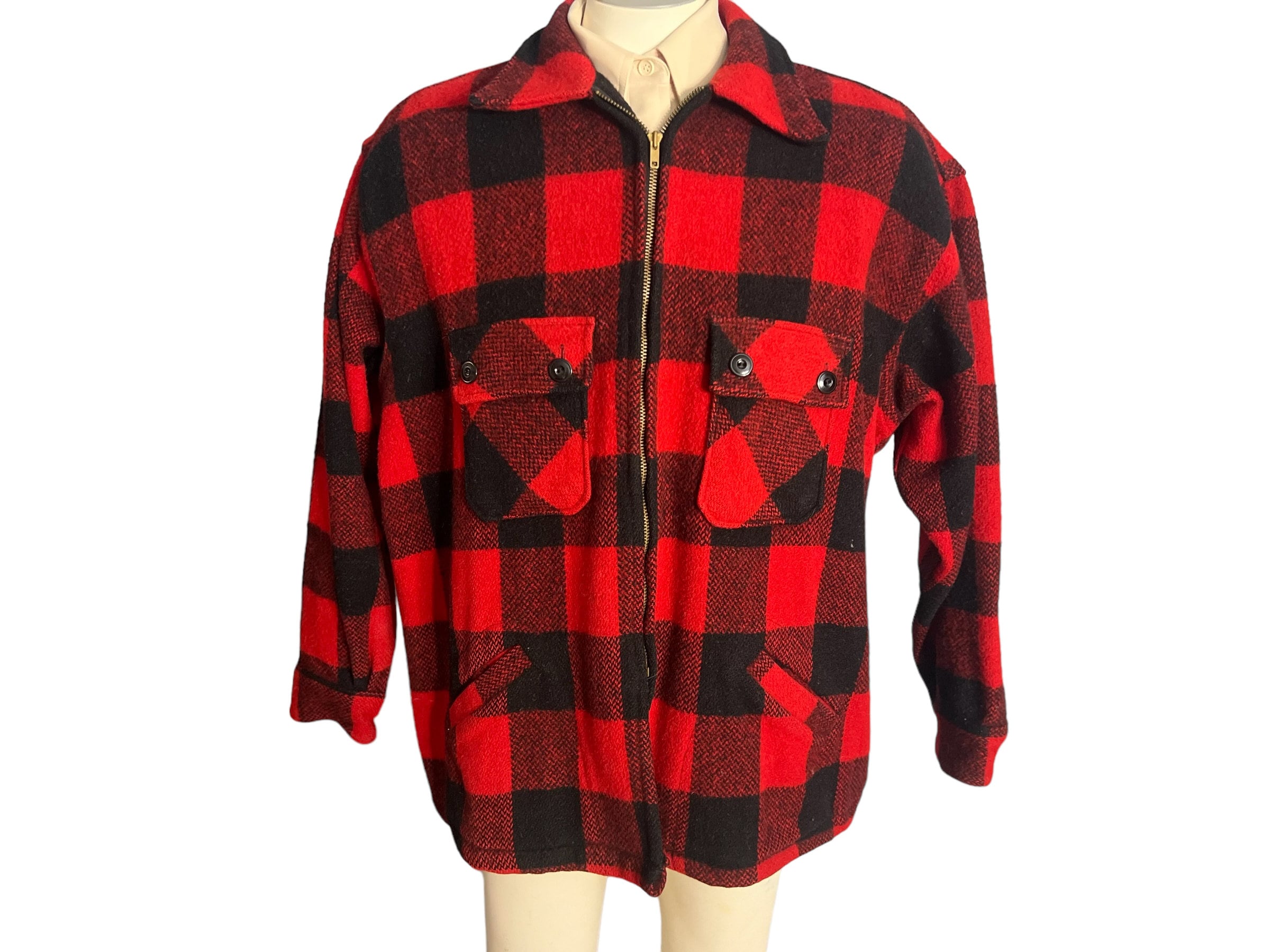 ジャケット・アウター 60s- winter king check wool jacket Vtg 50's Winter King Jacket Sz Large Red Black Plaid TALON