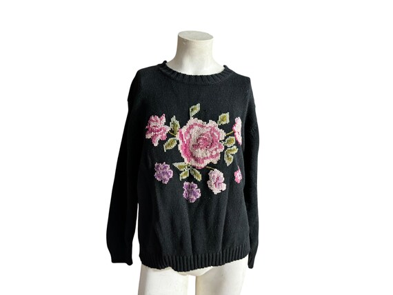 Vintage 80's black flower sweater M Shenanigans