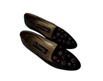 Vintage schwarze Wildleder Bling flache Schuhe 5.5 Proxy