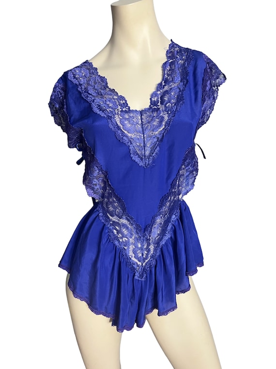 Vintage 80's blue teddy lingerie Flora's Follies S - image 2